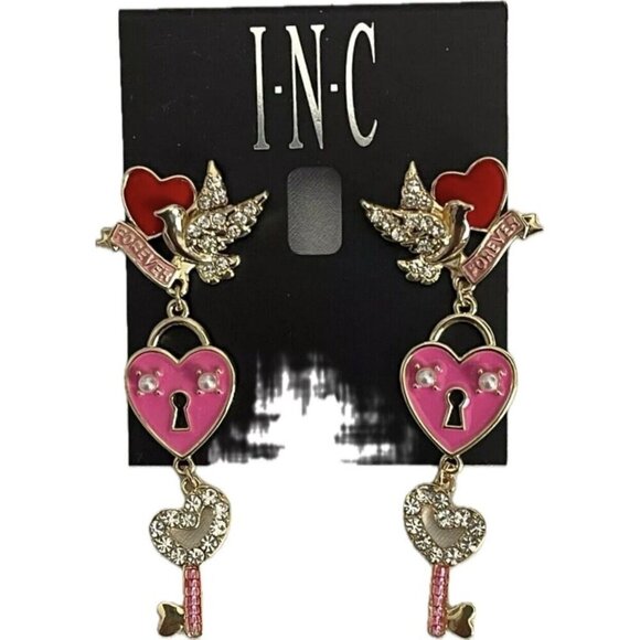 INC Pink Heart-Key-Dove Heart Pearl Crystal Detail Triple Drop Linear Earrings - Picture 3 of 4